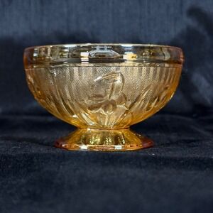 Jeanette Glass Iris and Herringbone Marigold Carnival Glass Footed Dessert Bowl
